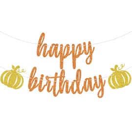 Gold Glitter Pumpkin Happy Birthday Banner, Pumpkin Themed Birthday Party Decorations, Autumn Fall Maple Leaves Birthday Party Decorations Supplies