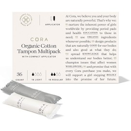 Cora Organic Tampons | Light/Regular Absorbency Variety Pack | 100% Cotton Core, Unscented with BPA-Free Applicator | Leak Protection, Easy Application | Non-Toxic, Hypoallergenic (36 Count)