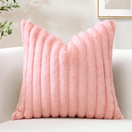 Sungeek Set of 1 Pink Faux Rabbit Fur Cushion Cover 45x45 cm, Soft Cozy Plush Striped Decorative Throw Pillow Covers 18x18 Inch Velvet Square Pillowcases for Sofa Bedroom