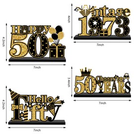 4 Pieces 50th Birthday Decorations Wooden Vintage 1973 Table Party Supplies, Black Gold Cheers to 50 Years Table Centerpieces Sign, Happy 50th Anniversary Bday Hello Fifty Table Decor