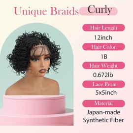 lumeng Micro Twist Braided Wigs for African American Wome Glueless 5x5 Lace Closure Pre-looped Curly Mini Senegal Passion Twist Lace Front Wig with Baby Hair 12’’ Synthetic Black Hair Ready to Wear