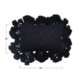 Creative Co-Op Rustic Glam Decorative Cotton Slub Lumbar Crochet and Tassel Edging Pillow, Black