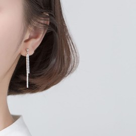 SLUYNZ Sterling Silver Crystal Rhinestone Linear Drop Earrings for Women Teen Girls CZ Long Dangle Earrings Tassel Chain Studs (A-Silver)