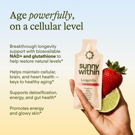 Sunny Within - Liposomal Glutathione Supplement NAD+ Longevity Mix w/Liquid NAD+, CoQ10, B12, MCT & Avocado Oil – Cellular Health, Energy, Brain, Gut & Heart Support* – Strawberry Lime – 30 Pouches