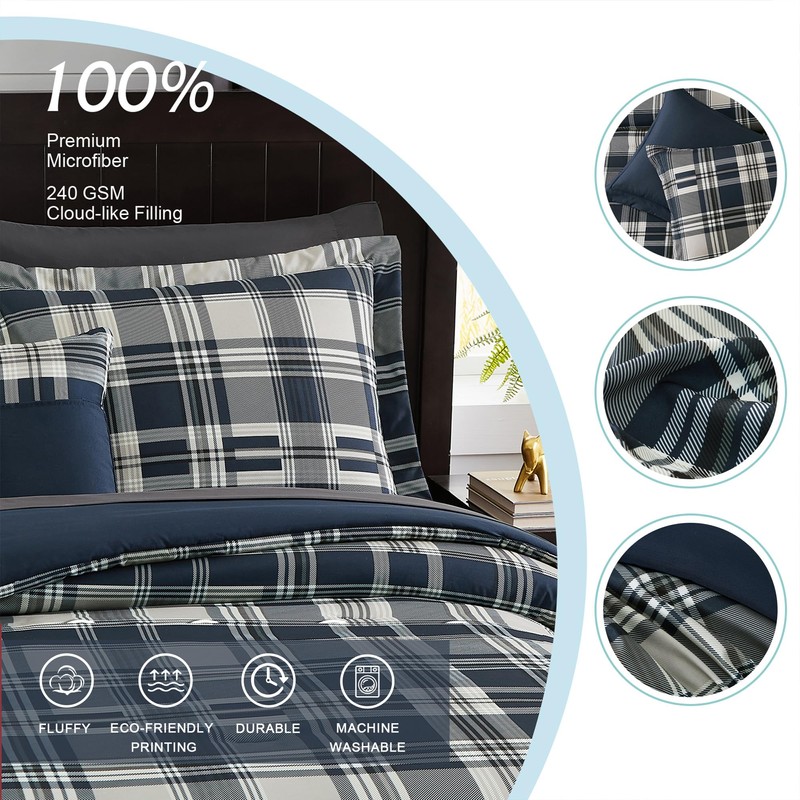 MaiRêve Full Size Comforter Set Navy Blue, Plaid Design Comforter