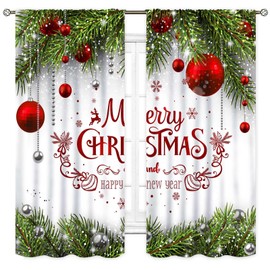 Cortinas de Navidad para sala de estar, Navidad, ramitas de abeto, bola de Año Nuevo, decoración de fiestas, tratamientos para cortinas de ventana para recámara, cocina, baño, hogar, juego de 2