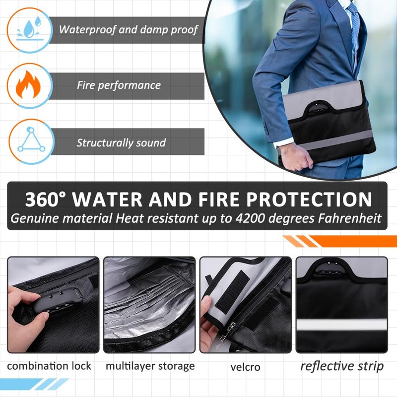 YunBey Fireproof Document Bag with Lock Large Money Bag Fireproof