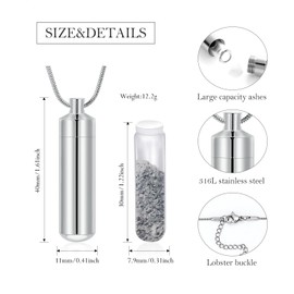 Cylinder Urn Necklace for Ashes with Glass Vial Cremation Jewelry for Women Men Stainless Steel Memorial Necklaces Ash Holder for Human Pets Keepsake Jewelry for Loved Ones with Fill Tool