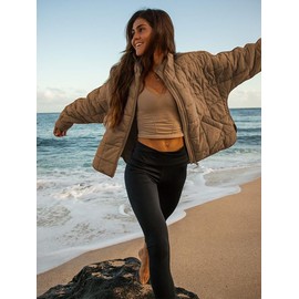 Omoone Women's Quilted Puffer Jacket Zip Up Oversized Lightweight Padded Down Coat Outerwear(3877-Brown-L)