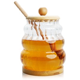 DELAVIDA Glass Honey Jar with Dipper Clear Honey Pot with Bamboo Lid Base 1 Wooden Dipper, 15 Oz Honey Container for Honey Syrup Home Kitchen Organization