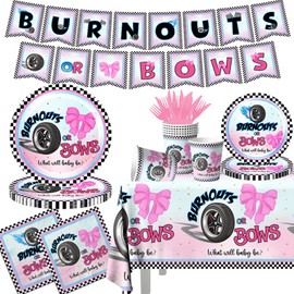 142pcs Burnouts or Bows Gender Reveal Decorations Burnouts or Bows Plates and Napkins,Disposable Wheels Bows Boys or Girls Plates Napkins Tableware for Baby shower Gender Reveal Decorations Kit