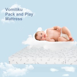 Vomiliku Trifold Pack and Play Mattress Pad, 38"x 26" Memory Foam Dual Sided Pack N Play Mattresses for Playpen Playard, Alphabet Printed Breathable Soft Mini Crib Mattress with Machine Washable Cover