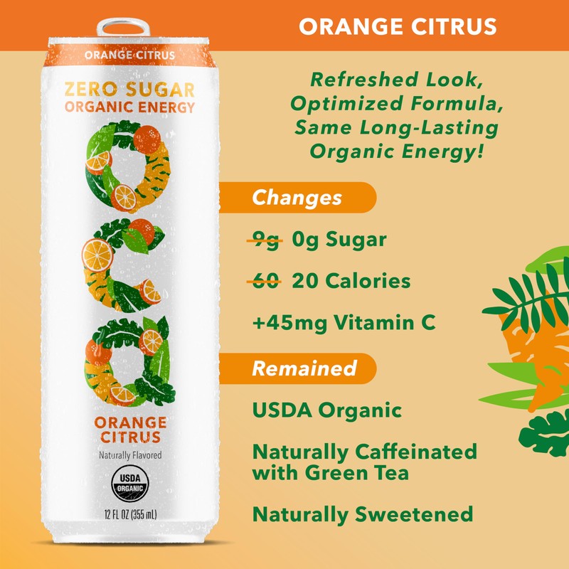 OCA ZERO Orange Citrus, Organic energy drink, zero sugar, gluten-free,