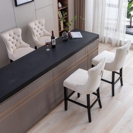 GOOLON Bar Stools Set of 2, Velvet 26 Inch Seat Height Counter Height Barstools with Back, Rivet Trim Bar Chairs for Kitchen Island Metal Pull Ring Wood Legs, Beige