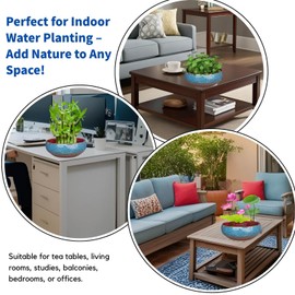 Ceramic Lotus Bowl Planter, Lotus Pots for Water Plants Indoor, Large Caliber Flow Glaze Non-Porous Hydroponic Container,Succulent Pots, Leak-Proof Design (Blue Peacock Pattern) 8.07in*2.83in