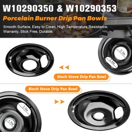 W10290350 W10290353 Porcelain Burner Drip Pan Bowls by Blutoget - Fit for Whirlpool Electric Range Stove Pans- 2 Pack 8-Inch and 2 Pack 6-Inch Pans(Black Porcelain),W10288051 Electric Stove Drip Pans