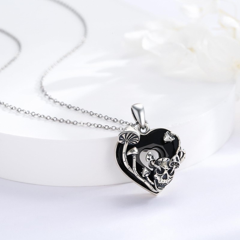 Skull Mushroom Necklace 925 Sterling Silver Gothic Punk Jewelry for