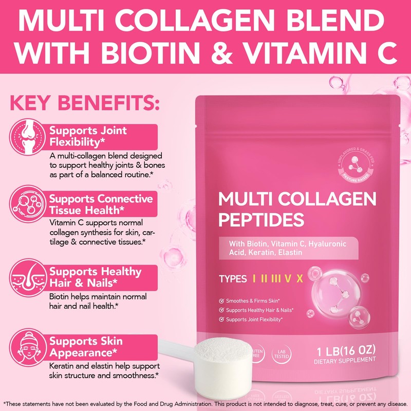 Multi Collagen Peptides Powder 16oz, Unflavored Hydrolyzed Collagen Types I,