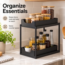 2-Tier Kitchen and Bathroom Organizer Rack – Black Metal Storage Shelf with Open Trays for Countertops, Cabinets and Everyday Essentials