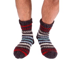 Pachamama Men 100% Wool Bed Sofa Socks Handknitted Plain Stripe Red Large 7-11 Handmade Extra Warm