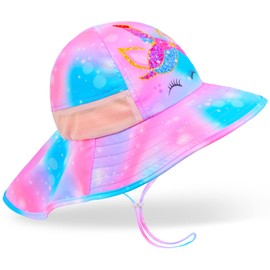 PASHOP Girls Sun Hat Anti-UV Wide Brim UPF 50+ Sun Protection Beach Hat with Adjustable Chin Strap for 3-8 Years (Starry Unicorn)
