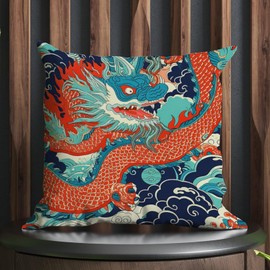 COVOME Chinoiserie Dragon Orange Navy Blue Turquoise Outdoor Throw Pillow Covers Imperial Dragon Waterproof Throw Pillowcase 18x18 in Classic Accent Pillowcase for Patio Furniture Tent Garden