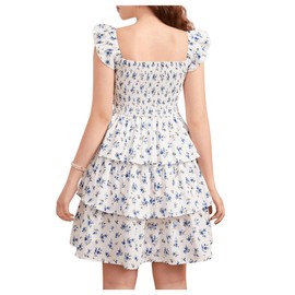 RoseSeek Girl's Floral Summer Dress Ruffle Shirred High Waist Ruched Sweetheart A Line Spring Dress White 8-9Y