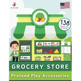 Grocery Store Pretend Play Accessories: Kids Grocery Store Role Play Set | Ready to Cut and Use Grocery Store Props for kids | USA - English - US Dollar Edition | Itz for Kidz