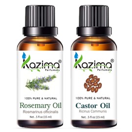 KAZIMA Combo of Rosemary Oil and Castor Oil - 100% Pure & Undiluted Oil for Hair Growth, Skin Care, Aromatherapy, Body & Massage, 15 ml each