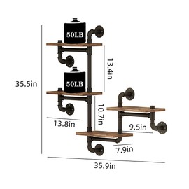 MAIKAILUN Industrial Floating Pipe Wall Mounted Shelves Rustic Modern Wood Shelving Bookcase 4 Layer Ladder Hanging Bookshelf for Home Bathroom Office Kitchen Decor(D)