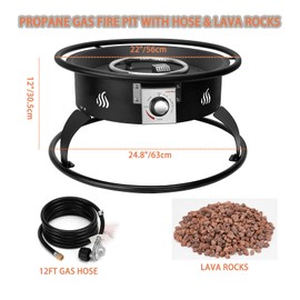 ONLYFIRE OUTDOOR LIVING Propane Gas Fire Pit 22¡±, Portable Smokeless Fireplace with 12Ft Hose & Lava Rocks, FirePit for Patio Backyard Bonfire Camping RV Tailgating Beach Party, 55000BTU, #FP001