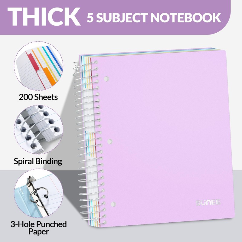 SUNEE 5 Subject Notebook College Ruled - 400 Pages, 9"x11",