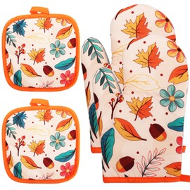 Wonmon Pack of 4 Fall Oven Mitts and Pot Holders Set, Autumn Maple Leaves Oven Mitts & Potholders Heat Resistant Non Slip Cooking Gloves for Fall Thanksgiving Harvest Cooking Party Favors