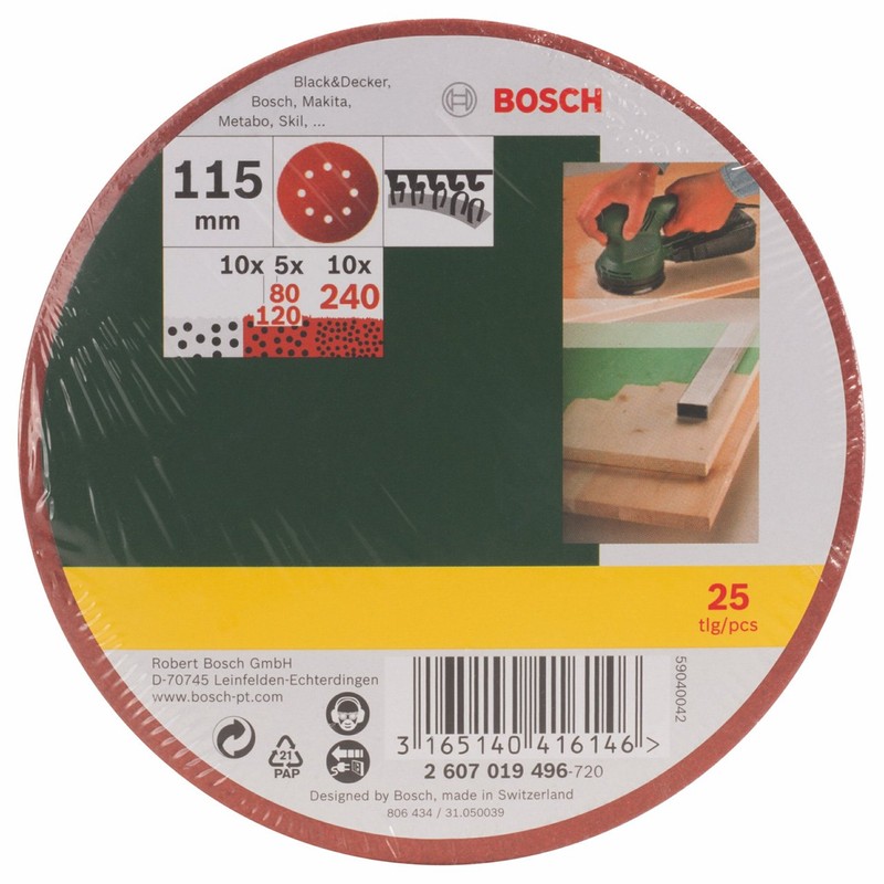 Bosch 25 Random Orbit Sanding Sheets, dia.115mm, 80-240 Grit