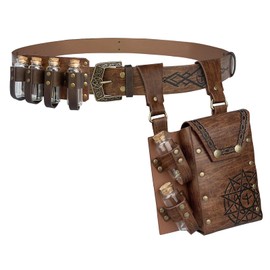 EpicCos 3 Pieces Medieval Alchemy Belt Waist Pack Combo with Multiple Potion Bottles, Viking Rivet Belt Side Pocket for Cosplay (Brown D)