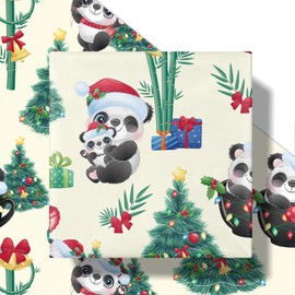 RUSPEPA Christmas Panda Wrapping Paper Roll for Boys Girls, Mini Roll, Cute Santa Panda, Bamboo Tree and Bell Design, Festive Gift Wrap Paper for Holiday Gifts, 17 Inches x 16.4 Feet