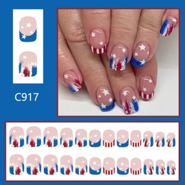 4th of july Press on Nails Independence Day Fake Nails Glossy Short Square Blue White Red False Nails with Star design Patriotic Stick on Nails Full Cover French Tip Press ones Glue on Nails for Women