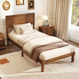 Giantex Wood Twin Bed Frames with Headboard, Mid Century Modern Platform Bed Twin Size with Solid Wood Legs & Wooden Slat Support, Easy Assembly, No Box Spring Needed, Walnut