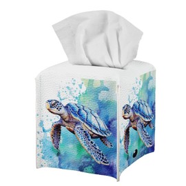 DISNIMO Boho Sea Turtle Cube Tissue Holder Square Tissue Box Cover Home Decor Leather Tissue Box Holder Napkin Storage Caddy for House Bathroom Office Car Living Room