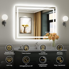 40"x30" LED Bathroom Mirror with Lights, Backlit & Front Lit, Lighted Vanity Mirrors for Bathroom Wall, Touch Screen Dimmable, Anti-Fog, Memory Function, HD Tempered Glass, Shatter-Proof, ETL Listed