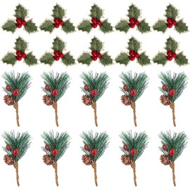 Pack of 20 Artificial Pine Branches with Pine Cones Berry Branches & Red Holly Berries Artificial Pine Branches Berry Branches for Christmas Flowers Wreaths Holiday Decorations