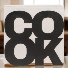 MIJOMA Metal Napkin Holder Black Design "Cook" with Wooden Base - Stylish Table Decoration Approx. 16.5 x 4 x 16.5 cm