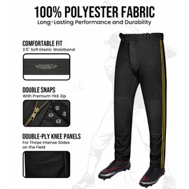 Exxact Sports Proline Full Length Baseball Pants Youth & Adult with Stripes, Relaxed Fit Open Bottom Men/Boys Baseball Pants (Black/Gold, AL)