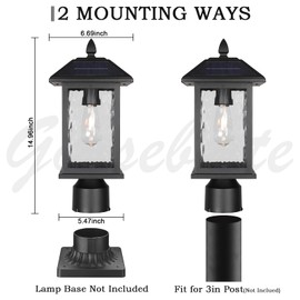 Solar Outdoor Post Light Fixture，Dusk to Dawn Modern Exterior Pillar Lantern with Black Finish & Water Ripple Glass，Waterproof Outside Pole Light for Garden, Backyard, Courtyard