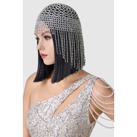BABEYOND 1920s Flapper Cap Vintage Style Roaring 20s Beaded Flapper Headpiece Exotic Cleopatra Headpiece for Great Gatsby Themed Party (Silver)