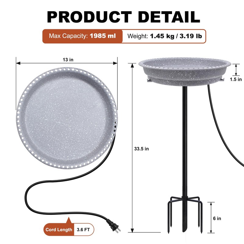 BIRD WISH Heated Bird Bath, Stable 5-Prong Metal Base Thermostat