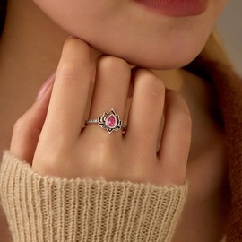 LOVECOM Lotus Ring for Women 925 Sterling Silver Lotus Flower Ring Dainty CZ Promise Ring High Polish Tarnish Resistant Wedding Band Ring Aesthetic Jewelry Flower Gifts for Her (Rose Red, 5)