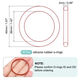 MECCANIXITY Silicone O-Ring 36mm ID 40mm OD 2mm Width Metric VMQ Sealing Gasket Replacement 50A Durometer for Plumbing Compressor Faucets Valves Repair (Red, Pack of 50)