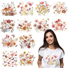 Eiapadeor Boho Iron on Transfers Stickers - 12 Pcs Flower Iron on Patches for T-Shirts Floral Dtf Transfers Ready to Press Heat Transfer Vinyl Decals for Clothes Bag Pillow Fabric Décor