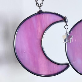 Limited Edition Pink Collection Stained Glass Mini Moon Interior Rearview Mirror Car Charm! Made with Premium Limited Edition Stained Glass! - Color Star Position: Wispy Pink Star on Top